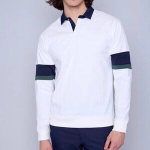 HEDGE White Knit Polo with Navy Contrast